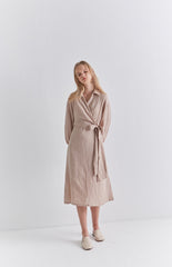 Chic Long Sleeve Wrap Linen Midi Dress with Waist Tie and Button Cuff Detailing