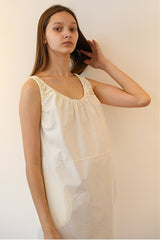 Sleeveless Linen Midi Dress with Gathered Scoop Neck and Relaxed Silhouette