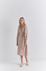 Chic Long Sleeve Wrap Linen Midi Dress with Waist Tie and Button Cuff Detailing