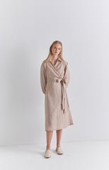 Chic Long Sleeve Wrap Linen Midi Dress with Waist Tie and Button Cuff Detailing