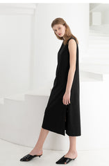 Sleeveless Linen Midi Dress With Side Button Detailing And Straight Silhouette