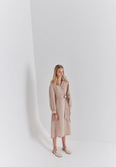 Chic Long Sleeve Wrap Linen Midi Dress with Waist Tie and Button Cuff Detailing