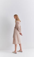 Chic Long Sleeve Wrap Linen Midi Dress with Waist Tie and Button Cuff Detailing