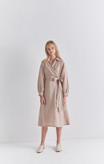 Chic Long Sleeve Wrap Linen Midi Dress with Waist Tie and Button Cuff Detailing