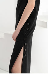 Sleeveless Linen Midi Dress With Side Button Detailing And Straight Silhouette