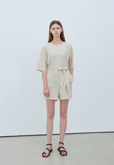 Chic Short Sleeve Linen Jumpsuit with Waist Tie and Pockets for Effortless Summer Style