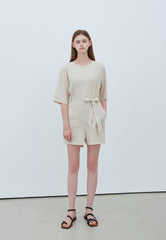 Chic Short Sleeve Linen Jumpsuit with Waist Tie and Pockets for Effortless Summer Style