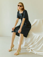 Women's Linen Midi Dress with Square Neckline and Short Sleeves – Minimalist Summer Style