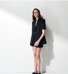 Short-Sleeve Double-Breasted Linen Blazer with Structured Silhouette