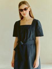 Women's Linen Midi Dress with Square Neckline and Short Sleeves – Minimalist Summer Style