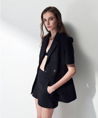 Short-Sleeve Double-Breasted Linen Blazer with Structured Silhouette