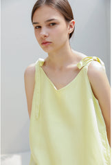 Sleeveless Linen Midi Dress with Shoulder Tie Straps and Side Slit for Effortless Style