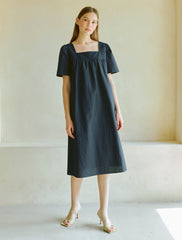 Women's Linen Midi Dress with Square Neckline and Short Sleeves – Minimalist Summer Style