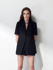 Short-Sleeve Double-Breasted Linen Blazer with Structured Silhouette