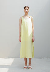 Sleeveless Linen Midi Dress with Shoulder Tie Straps and Side Slit for Effortless Style