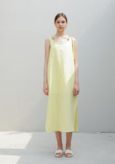 Sleeveless Linen Midi Dress with Shoulder Tie Straps and Side Slit for Effortless Style