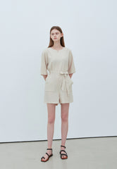 Chic Short Sleeve Linen Jumpsuit with Waist Tie and Pockets for Effortless Summer Style