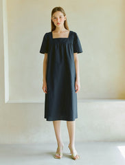 Women's Linen Midi Dress with Square Neckline and Short Sleeves – Minimalist Summer Style