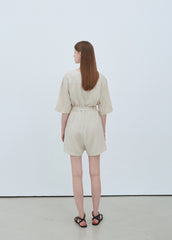 Chic Short Sleeve Linen Jumpsuit with Waist Tie and Pockets for Effortless Summer Style