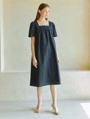 Women's Linen Midi Dress with Square Neckline and Short Sleeves – Minimalist Summer Style