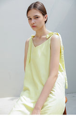 Sleeveless Linen Midi Dress with Shoulder Tie Straps and Side Slit for Effortless Style