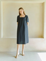 Women's Linen Midi Dress with Square Neckline and Short Sleeves – Minimalist Summer Style