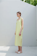 Sleeveless Linen Midi Dress with Shoulder Tie Straps and Side Slit for Effortless Style