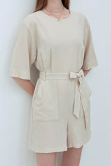 Chic Short Sleeve Linen Jumpsuit with Waist Tie and Pockets for Effortless Summer Style