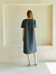 Women's Linen Midi Dress with Square Neckline and Short Sleeves – Minimalist Summer Style