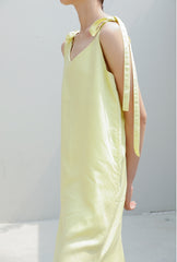 Sleeveless Linen Midi Dress with Shoulder Tie Straps and Side Slit for Effortless Style