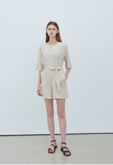 Chic Short Sleeve Linen Jumpsuit with Waist Tie and Pockets for Effortless Summer Style
