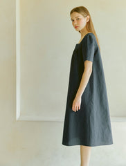 Women's Linen Midi Dress with Square Neckline and Short Sleeves – Minimalist Summer Style