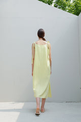 Sleeveless Linen Midi Dress with Shoulder Tie Straps and Side Slit for Effortless Style