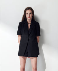 Short-Sleeve Double-Breasted Linen Blazer with Structured Silhouette