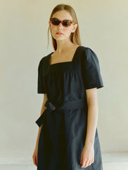 Women's Linen Midi Dress with Square Neckline and Short Sleeves – Minimalist Summer Style