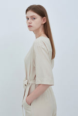 Chic Short Sleeve Linen Jumpsuit with Waist Tie and Pockets for Effortless Summer Style