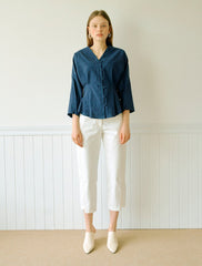 Women's Linen Blouse with Flared Hem and 3/4 Sleeves – Button Front V-Neck Top