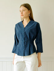 Women's Linen Blouse with Flared Hem and 3/4 Sleeves – Button Front V-Neck Top