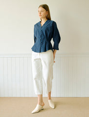 Women's Linen Blouse with Flared Hem and 3/4 Sleeves – Button Front V-Neck Top