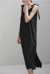 Sleeveless Linen Midi Dress with Side Slit and Tie Shoulder Straps – Lightweight Summer Style