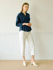 Women's Linen Blouse with Flared Hem and 3/4 Sleeves – Button Front V-Neck Top