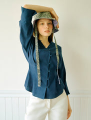 Women's Linen Blouse with Flared Hem and 3/4 Sleeves – Button Front V-Neck Top