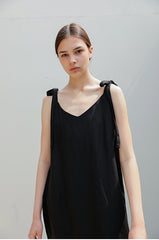 Sleeveless Linen Midi Dress with Side Slit and Tie Shoulder Straps – Lightweight Summer Style