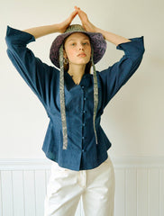 Women's Linen Blouse with Flared Hem and 3/4 Sleeves – Button Front V-Neck Top