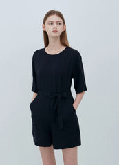 Relaxed Fit Linen Belted Jumpsuit with Half Sleeves and Pockets for Effortless Chic Style
