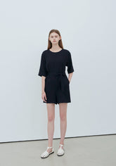 Relaxed Fit Linen Belted Jumpsuit with Half Sleeves and Pockets for Effortless Chic Style