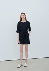 Relaxed Fit Linen Belted Jumpsuit with Half Sleeves and Pockets for Effortless Chic Style