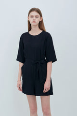 Relaxed Fit Linen Belted Jumpsuit with Half Sleeves and Pockets for Effortless Chic Style