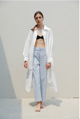 Chic Long Linen Shirt Dress for Women with Tie Cuffs and Button Front Closure