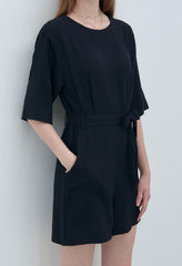 Relaxed Fit Linen Belted Jumpsuit with Half Sleeves and Pockets for Effortless Chic Style